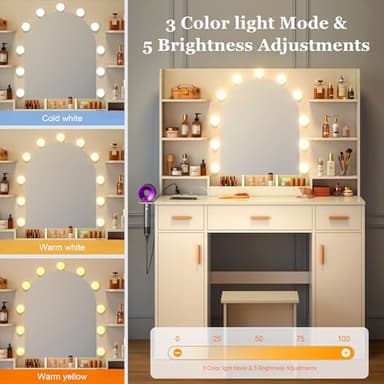 Decofy Vanity Desk with Mirror and 11 LED Lights, White Makeup Vanity Desk with Chair, Vanity Table Set, 5 Drawers 3 Lighting Modes & 5 Adjustable Brightness Dressing Table for Bedroom - Image 5