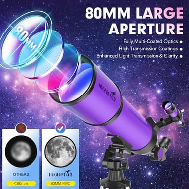 HUGERSTAR Telescope, Telescope for Adults & Kids & Astronomy Beginners, 80mm Aperture 600mm Portable Refractor Telescopes Fully Multi-Coated Optics with AZ Mount Tripod, Phone Adapter and Moon Filter - Image 2