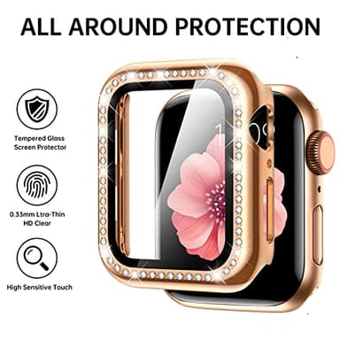 Mesime Compatible with Apple Watch Band 38mm 40mm 41mm 42mm 44mm 45mm , Women Girl Bling Diamond Jewelry Metal Strap Bands with Crystal Tempered Glass Screen Protector Case, Round Shiny Bracelet - Image 3