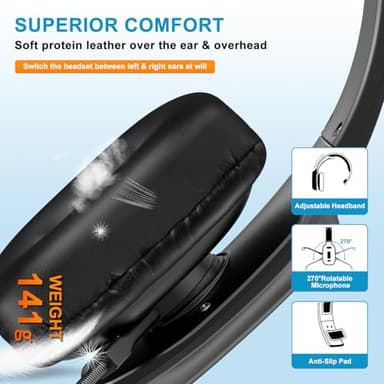 LEAYU Bluetooth Headset, 60hrs Noise Canceling V5.2 Over Head Headphones, Single Ear Trucker Wireless Headset with Mic, Mute Button, Multipoint, for Phones PC Computer Truck Driver Office Work - Black - Image 4