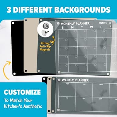Acrylic Calendar for Fridge - Magnetic Calendar for Refrigerator - 2pc Family Refrigerator Magnetic Dry Erase Planning Board Monthly Weekly - 6 Liquid Chalk Markers & 3 Interchangeable Backgrounds - Image 4