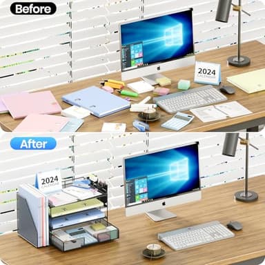 OPNICE Desk Organizer and Accessories, 4-Tier Desktop File Organizer with Drawer and 2 Pen Holders, Office Desk Accessories, File Sorters, Workspace Organizers for Office Supplies(Black) - Image 6