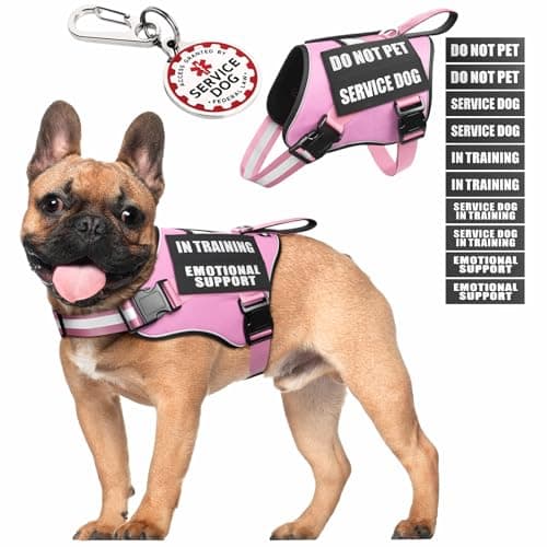 MOOGROU Service Dog Vest Harness+ID Tag+10 Patches,Metal Serivce Dog Tag&Reflective Emotional Support Dog Vest with Handle for Small Dogs,Easy Put On/Off for Training/Walking/Everyday Pink S - Image 1