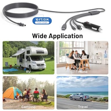 Kzreect 4-in-1 DC Power Cable 10FT/3M for 12V Satellite Internet Device, USB-C, USB-A, Cigarette Lighter, and DC Male Connectors, Waterproof 18AWG Cable for Car, RV, Outdoor Use - Image 5