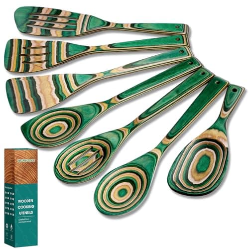 Kitchen Pakkawood Wooden Spoons for Cooking – 7-Piece Kitchen Utensil Set with Spatula, Corner Spoon, Rice Paddle – Nonstick Safe Durable Wooden Cooking Tools for Home Kitchen by Howhong (Oasis) - Image 1