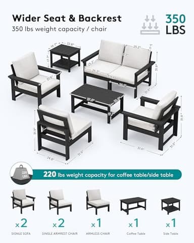 SERWALL HDPE Patio Furniture Set, 7-Piece Outdoor Sectional Sofa Set, All Weather Outdoor Couch Set for Deck, Lawn, Black Frame with Khaki Cushion - Image 3
