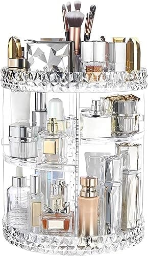 ZHIAI 360 Rotating Makeup Organizer, Large Capacity Cosmetics Organizer for Perfume Holder Organizer Countertop, DIY Adjustable Bathroom Makeup Carousel Holder Rack, Clear Diamond - Image 1