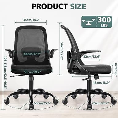 Winrise Office Chair Ergonomic Desk Chairs with Lumbar Support and Flip-up Arms, Comfortable Breathable Mesh Computer Executive Chair with Swivel Task, Adjustable Height 4'', Home - Black - Image 3