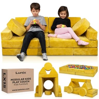 Lunix LX15 14pcs Modular Kids Play Couch, Child Sectional Sofa, Fortplay Bedroom and Playroom Furniture for Toddlers, Convertible Foam and Floor Cushion for Boys and Girls, Yellow - Image 1