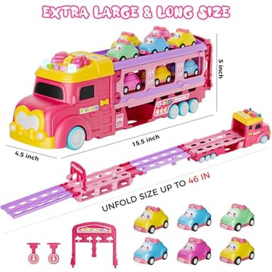 Funwee Car Toys for Age 2 3 4 5 6 7 Year Girl Toddler, Foldable Track & 2 Player Race Mode Game, Light & Sound Push Transport Carrier Truck W/ 6 Princess Car, Birthday Gift Idea for Kid - Image 5