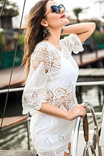 Women's Bathing Suit Cover Up Lace Crochet Tunic Bikini Beach Dress (M, White - Image 5