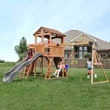 Backyard Discovery Sterling Point Cedar Wood Swing Set with Wave Slide, Raised Clubhouse, Wooden Bridge, Rock Wall, Belt Swings, Web Swing, Trapeze, Balcony, Climbing Wall, Ladder, Outdoor Playset - Image 9
