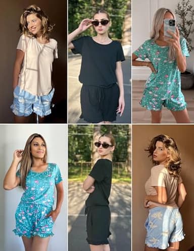 Ekouaer Womens Pajamas Short Sleeve Lounge Set Crew Neck Tops and Ruffle Shorts Pj Sets Soft Sleepwear with Pockets Blue Rose Print,Large - Image 5