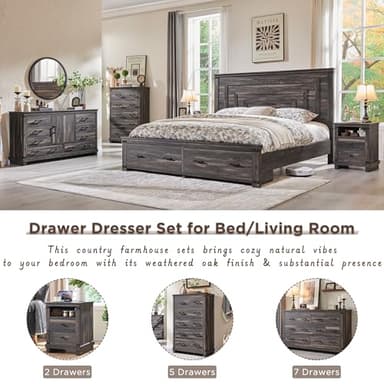 T4TREAM Farmhouse 8 Drawers Dresser for Bedroom, 54" Wide Wood Chest of Drawers w/Storage Cabient & Adjustable Shelf, Rustic Dressers Organizer for Living Room, Hallway, Dark Rustic Oak - Image 3