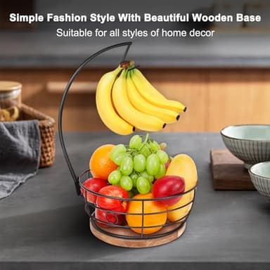 Livabber Countertop Fruit Basket Bowl with Banana Hanger, Modern Standing Fruit Vegetable Bowl Storage, with Banana Tree Holder for Kitchen Dinning Table (Round Wood, Black) - Image 7