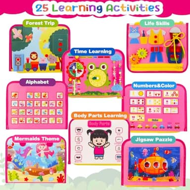MidiVix Busy Board for 1 2 3 4 Year Old Toddler, Montessori Educational Sensory Toys Kids Travel Quiet Book Plane Car, Gifts for Boys Girls, Preschool Learning Activities Fine Motor Skills (Pink) - Image 5