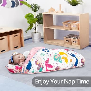 Primlect Thickened Toddler Nap Mat with Removable Pillow and Minky Blanket, Extra Large 55''x35'' Sleeping Bag, Washable, Roll up, Perfect for Daycare, Preschool, Kindergarten, Boys and Girls Mermaid - Image 3