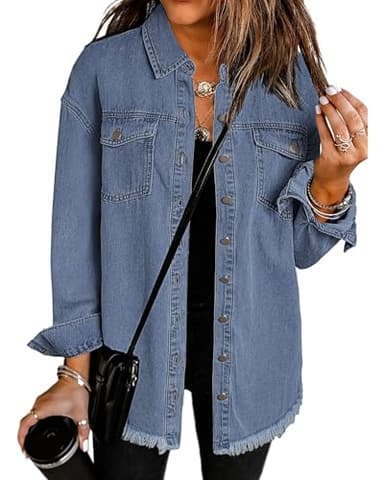 Vetinee Oversized Boyfriend Denim Jean Jacket with Buttons and Raw Hem Pockets - Blue, Size Medium 8-10 - Image 1