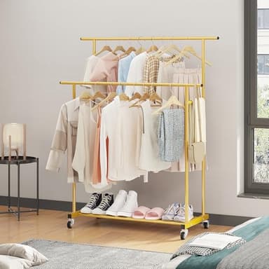 Calmootey Double Rod Clothing Garment Rack,Rolling Hanging Clothes Rack,Portable Clothes Organizer for Bedroom,Living Room,Clothing Store,Gold - Image 6