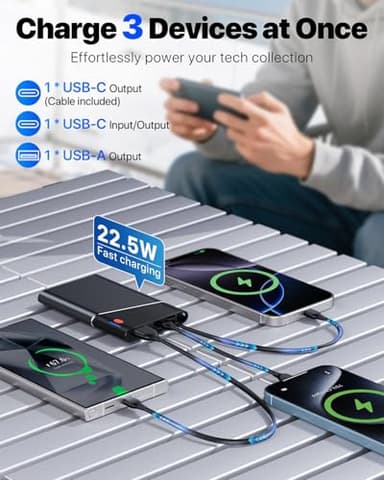 Aaoyun Portable Charger Power Bank, 10000mAh 22.5W PD Super Fast Charging Powerbank with Built-in USB C in&Out Cable, Slim External Phone Battery Pack for iPhone 17/16/15 iPad Samsung S24 Android etc - Image 3