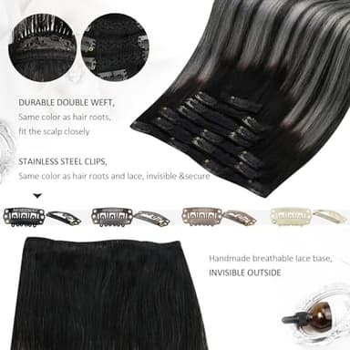 Moresoo Clip on Hair Extensions Balayage Remy Double Weft Human Hair Extensions Clip ins Natural Black to Silver 20inch 150Grams 7pcs - Image 2