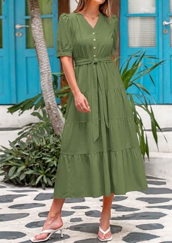 PRETTYGARDEN Summer Dresses for Women 2025 Elegant Classy Short Sleeve V Neck Ruffle A Line Belted Long Beach Vacation Dress (Cyan,Medium) - Image 6