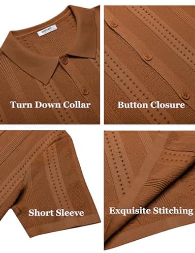 COOFANDY Men's Casual Beach Shirt Knitted Button Down Polo Shirt Short Sleeve Beach Vacation Shirts, Light Brown, XX-Large - Image 6