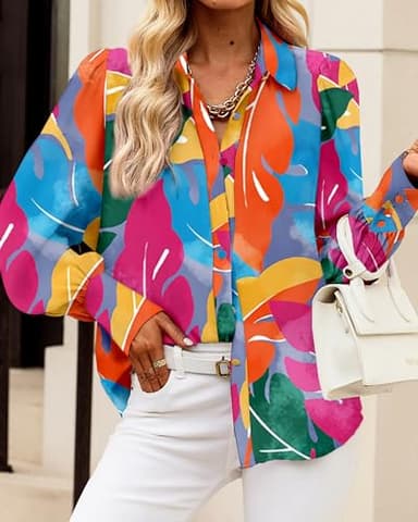 BTFBM Women Fashion Button Down Shirts V Neck Printed Solid Boho Long Sleeve Blouses Dressy Casual Summer Fall Tops(Multicolored, X-Large) - Image 5