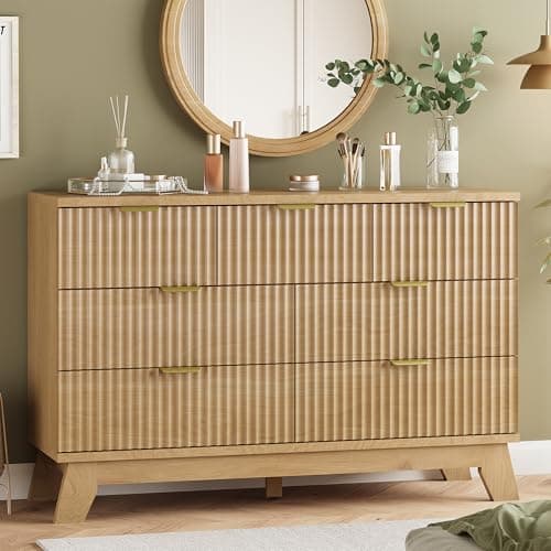 Fluted Dresser for Bedroom with 7 Drawers, 48" Wide Modern Chest of Drawers with Metal Handle, Wood Dresser TV Stand, Wooden Closet Clothes Storage Organizer for Living Room, Hallway, Natural Oak - Image 1