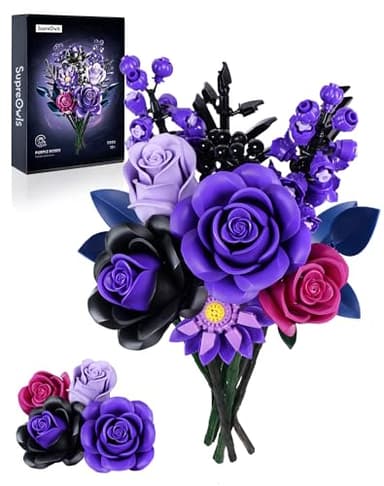 iATOM Purple Rose Bouquet Building Set, Compatible with Lego Flowers for Adults - Halloween Botanical Collection - Gothic Artificial Flowers Home Decor - IA11004 - Image 1