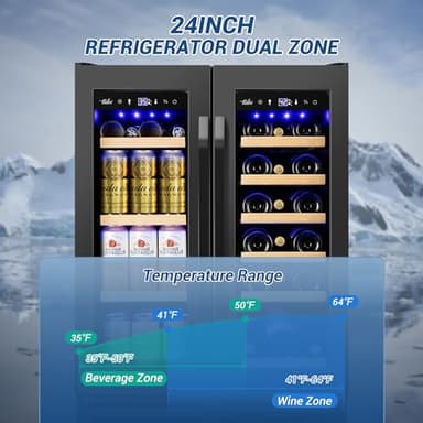 Wine and Beverage Refrigerator Black, 24 Inch Beverage Cooler Under Counter Dual Zone with Glass Door&Lock, 18 Bottles and 68 Cans Large Capacity for Beer Soda Drink, Built-In or Freestanding Fridge - Image 3