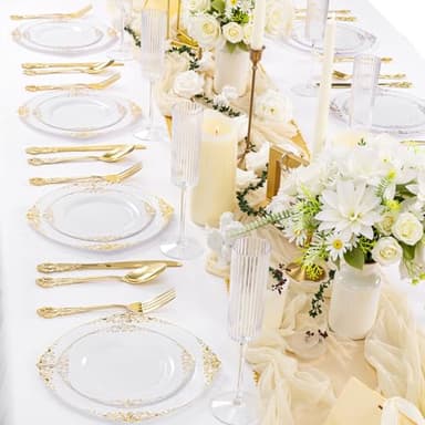 Joyido 102PCS White and Gold Plastic Plates - Heavy Duty Gold Disposable Plates Include 51PCS 7.5inch Dessert Plates, 51PCS 10.25inch Dinner Plates for Christmas & Thanksgiving Parties - Image 6