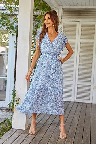 PRETTYGARDEN Women's Summer Floral Boho Dress Wrap V Neck Short Sleeve Ruffle A-Line Flowy Maxi Wedding Guest Dresses (Light Blue,X-Large) - Image 8