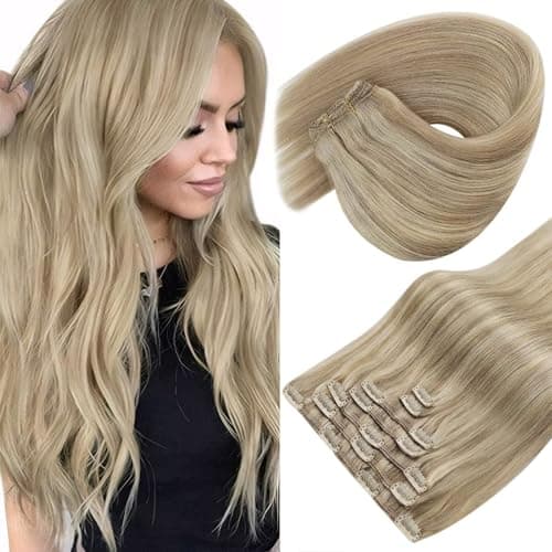 Sunny Hair Clip in Hair Extensions Straight Human Hair Clip in Extensions Remy Clip in Hair Extensions Real Human Hair Extensions Clip ins Golden Blonde Highlights Light Blonde 18inch - Image 1