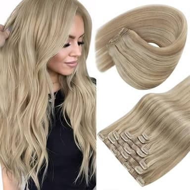 Sunny Hair Clip in Hair Extensions Straight Human Hair Clip in Extensions Remy Clip in Hair Extensions Real Human Hair Extensions Clip ins Golden Blonde Highlights Light Blonde 18inch - Image 1