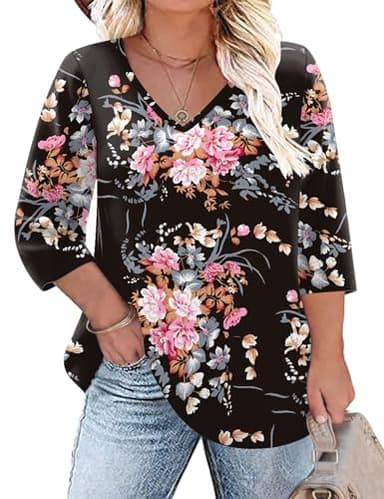 TFSDOD Plus Size Tops for Women 3/4 Sleeve V Neck Long Sleeve Shirt Women Summer Outfits Black Big Red Floral XXL - Image 1