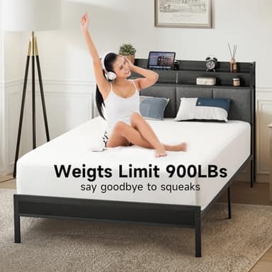 Z-hom Twin Bed Frames, Upholstered Upgraded Metal Bed Frame with LED Lights Headboard & Footboard, Bed Furniture with Charging Station Ports & Storage Shelves, Easy Assembly Bed Frame, Noise Free - Image 5