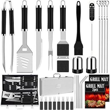 ROMANTICIST 30pcs BBQ Grill Tool Set for Men Dad, Heavy Duty Stainless Steel Grill Utensils Set, Non-Slip Grilling Accessories Kit with Thermometer, Mats in Aluminum Case for Fathers Day Black - Image 2