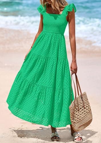 PRETTYGARDEN Womens Summer Square Neck Maxi Dresses Cap Sleeve Eyelet Smocked Tiered A Line Flowy Long Dress with Pockets (Green,Medium) - Image 4