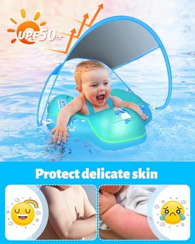 LAYCOL Baby Swimming Float Inflatable Baby Pool Float Ring with Sun Protection Canopy,add Tail no flip Over for Age of 3-36 Months (Blue, L) - Image 2