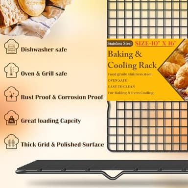 2PCS Cooling Racks for Cooking and Baking - 10" x 16"Heavy Duty Stainless Steel Wire Rack for Baking, Grilling, Roasting - Oven & Dishwasher Safe - Fits Half Sheet Pan(Black) - Image 3