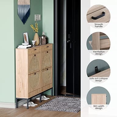 Yechen Shoe Rack Storage Organizer with 2 Natural Semi-Circular Rattan Doors, Entryway Wooden Shoe Cabinet for Sneakers, Leather Shoes, High Heels, Slippers (1 Piece, Oak) - Image 5