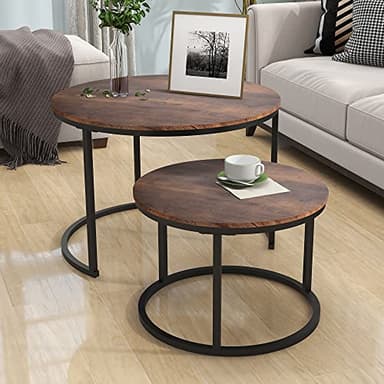 HOJINLINERO Industrial Round Coffee Table Set of 2 End Table for Living Room,Stacking Side Tables, Sturdy and Easy Assembly,Wood Look Accent Furniture with Metal Frame,Black+Rustic Brown - Image 6