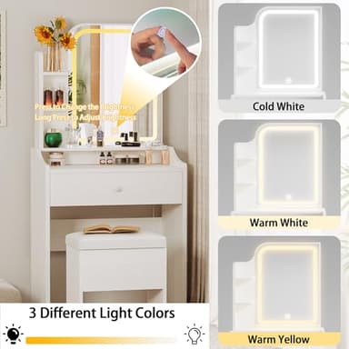 LIKIMIO Small Makeup Vanity Desk with Mirror and Lights, Vanity Table Set with Storage Drawer, Chair and Three Shelves, Bedroom, White - Image 3