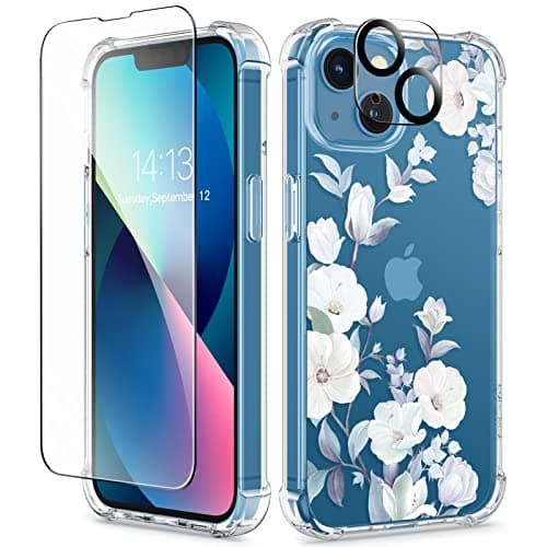 GVIEWIN Designed for iPhone 13 Case 6.1 Inch, with Tempered Glass Screen Protector + Camera Lens Protector Clear Flower Soft & Flexible Shockproof Floral Women Phone Cover (Hibiscus) - Image 1