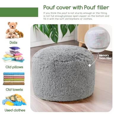 HIGOGOGO Round Stuffed Pouf Ottoman, Long Faux Fur Poufs with Foam Chunk Filling, Fluffy and Furry Pouf Foot Stool Storage Ottoman, 20 X 15 Floor Poufs Foot Rest for Living Room, Grey - Image 4