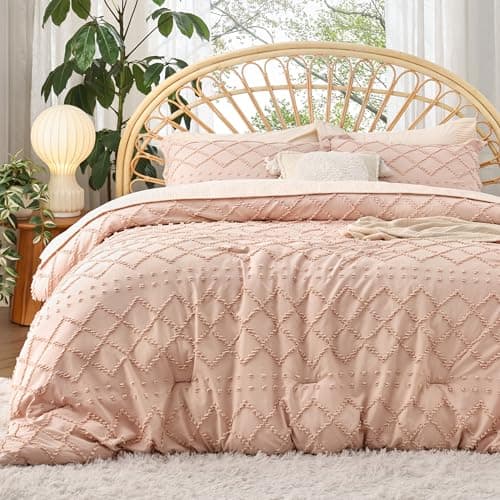 Bedsure Twin/Twin XL Comforter Set - Coral Pink Comforter, Boho Tufted Shabby Chic Bedding, 2 Pieces Vintage Farmhouse Bed Set for All Seasons, Fluffy Soft Bedding with 1 Pillow Sham - Image 1