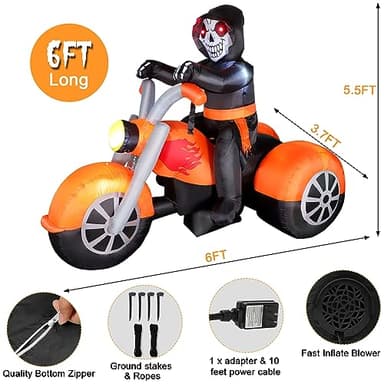 6 FT Halloween Inflatable Skeleton Ghost Riding on Motorcycle Bike, Blow Up Outdoor Decoration Clearance with Built-in LED Lights for Yard Garden Lawn Home Party Decorations - Image 5