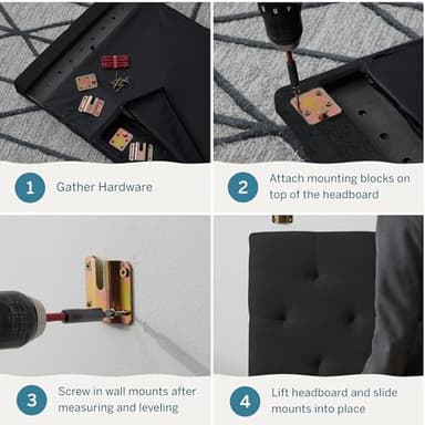 Lucid Mid-Rise Upholstered Headboard - Diamond Tufted - Padded Polyester - Adjustable Height from 34” to 46” - Easy Assembly - Bed Frame or Wall Mount - Sturdy - Charcoal - Queen Size - Image 5