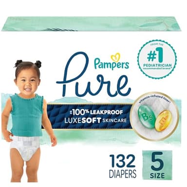 Pampers Pure Protection Baby Diapers, Size 5 (27+ lbs), 132 Count, Up to 100% Leakproof, Premium Plant-based Skin Protection, Hypoallergenic Soft Diapers - Image 1